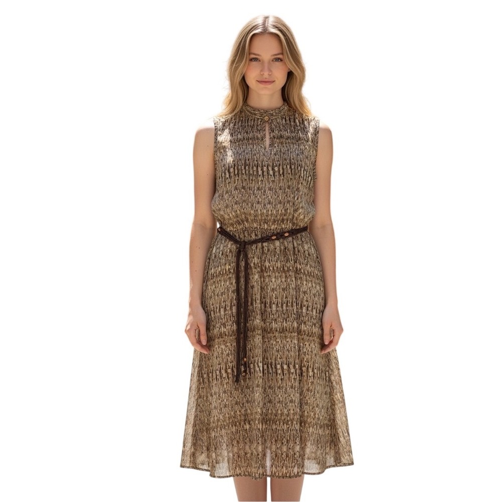 Kari New York Fit & Flare Dress Womens Size 12 Brown Geometric Macrame Belt